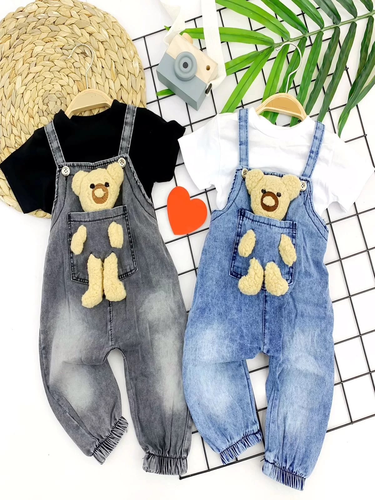9-12-18-24 Moon Bear Pocket Jeans Fabric T-Shirt 2 Girl Male Baby Salopet Kit Blue