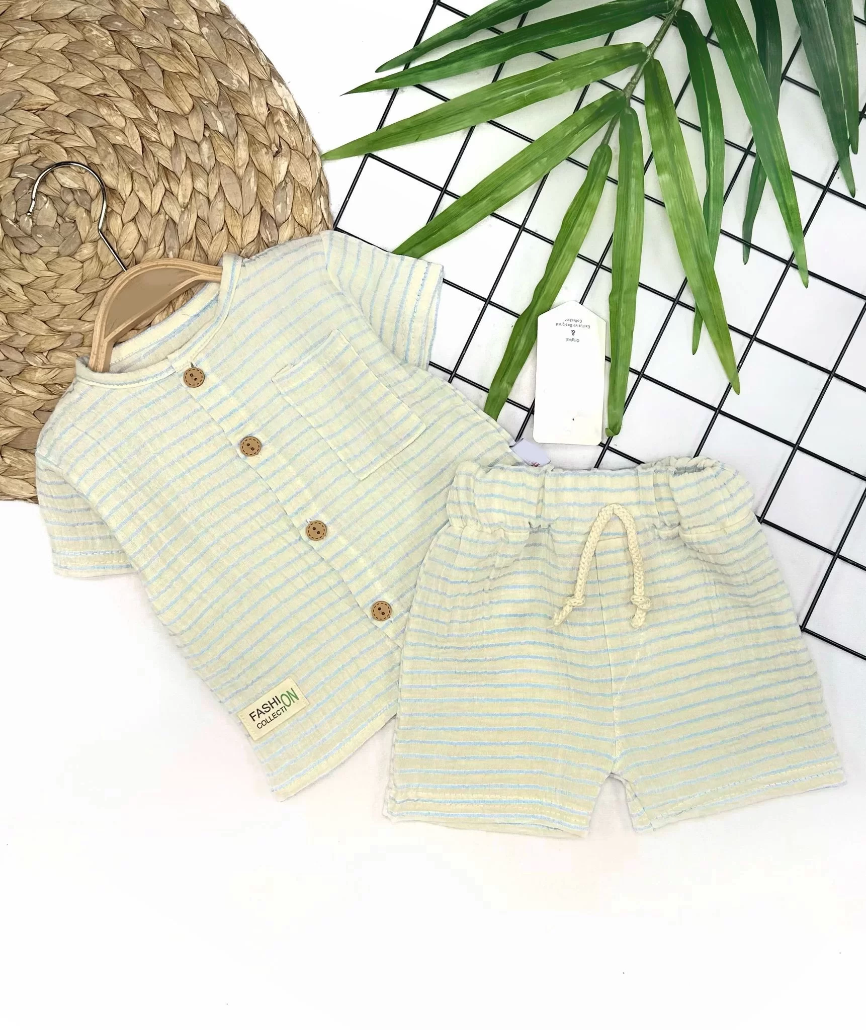 9-12-18-24 Months Button Detailed Stripe Müslin Fabric Summery 2 Male Baby Set