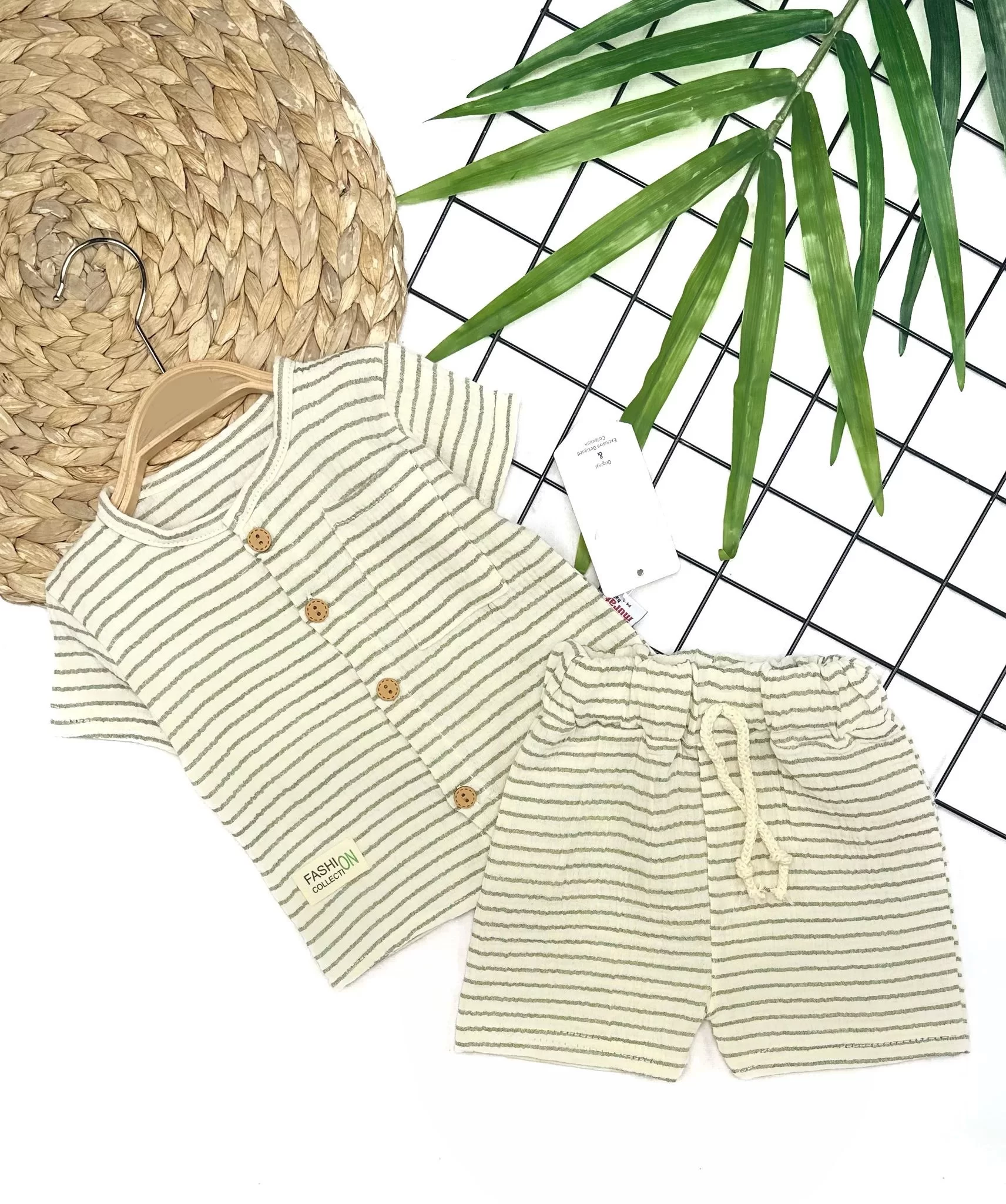 9-12-18-24 Months Button Detailed Stripe Müslin Fabric Summery 2 Male Baby Set