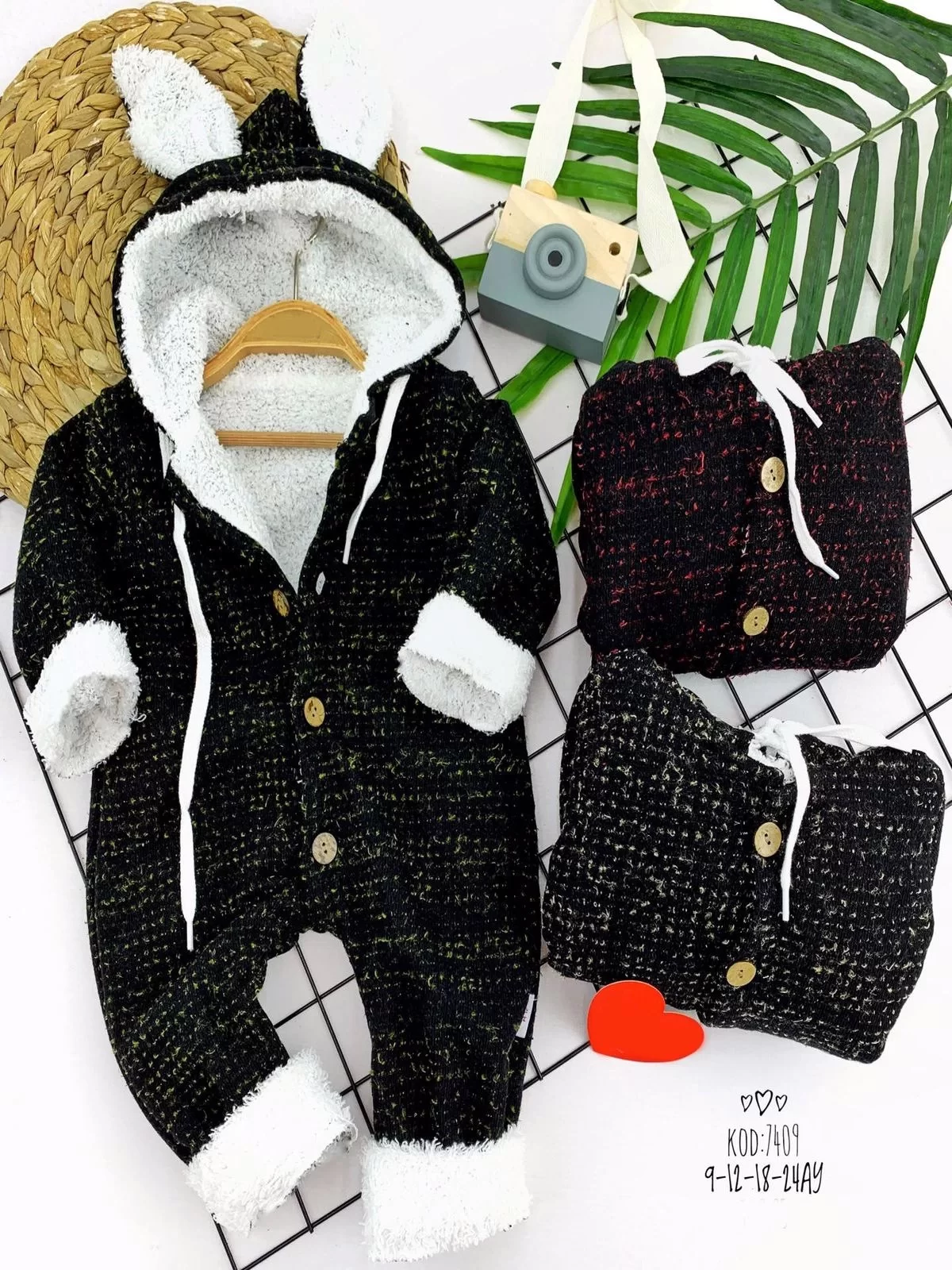 9-12-18-24 Months Lamb Button Closure Ear Hooded Long Sleeves Girl Male Baby Coverall Black