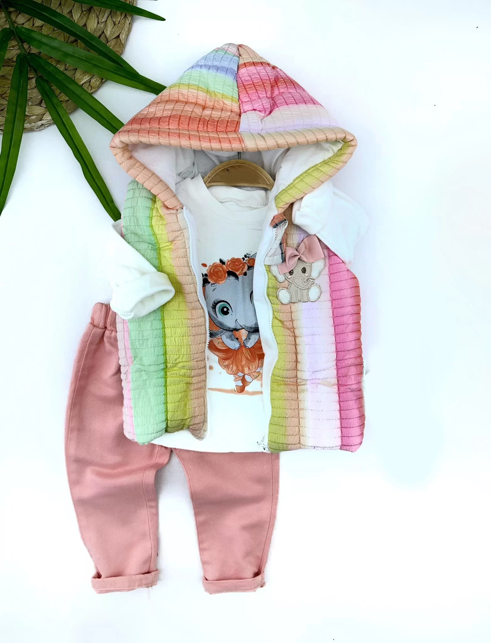 9-12-18-24 Ay Kapşonlu Fermuarlı Gökkuşağı Şişme Yelek Sweat Pantolonlu 3lü Kız Erkek Bebek Takımı Pembe