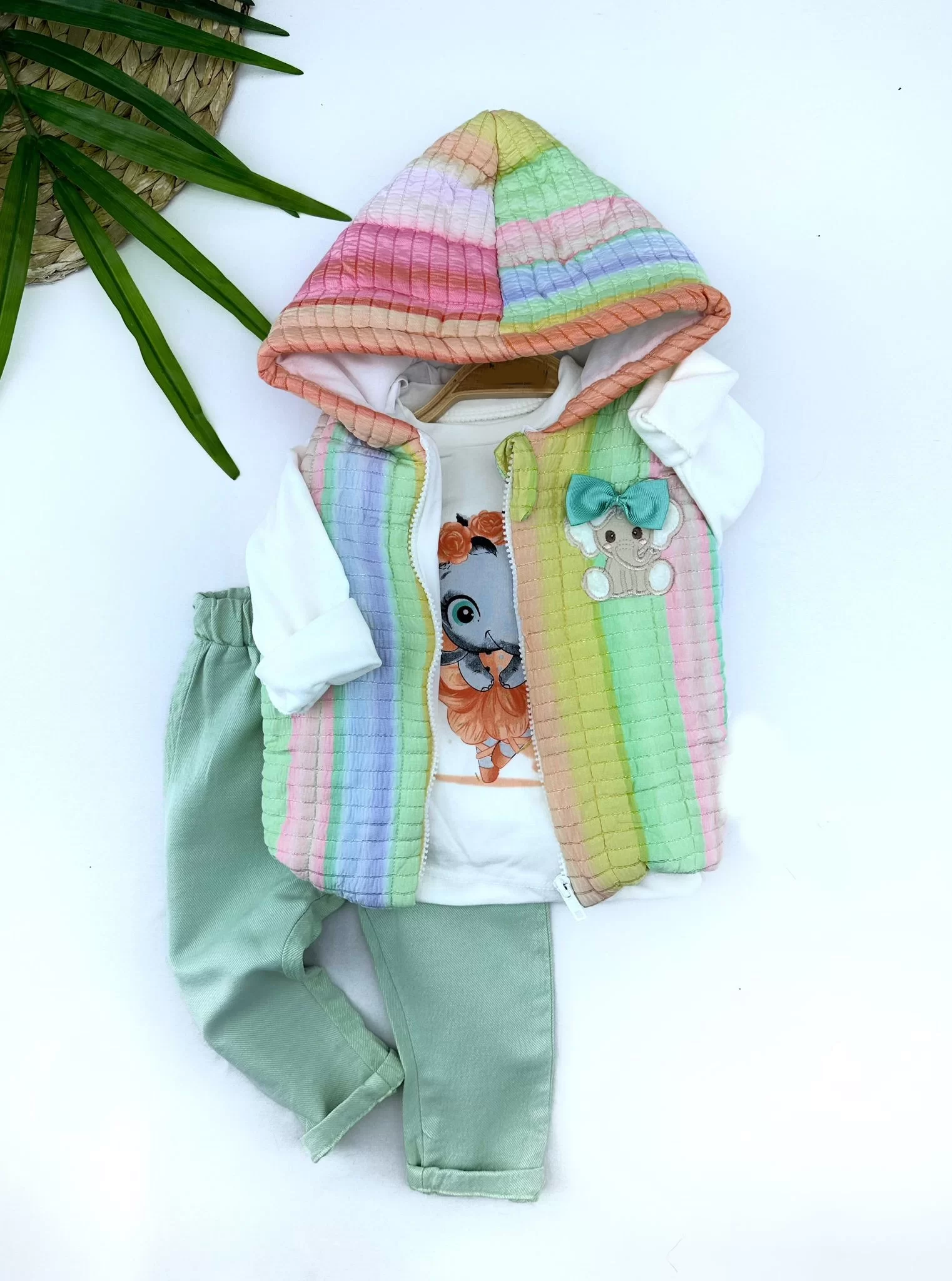 9-12-18-24 Ay Kapşonlu Fermuarlı Gökkuşağı Şişme Yelek Sweat Pantolonlu 3lü Kız Erkek Bebek Takımı Su Yeşili