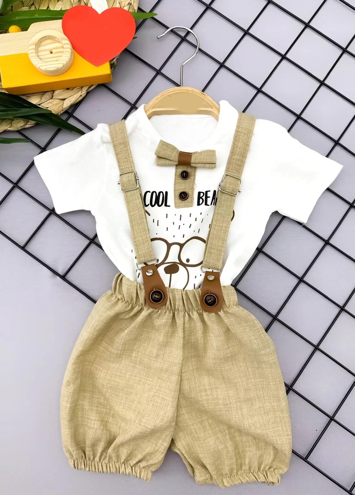 9-12-18-24 Months Papion Detailed Linen Shorts 2 Male Baby Set With Salopet T-shirt