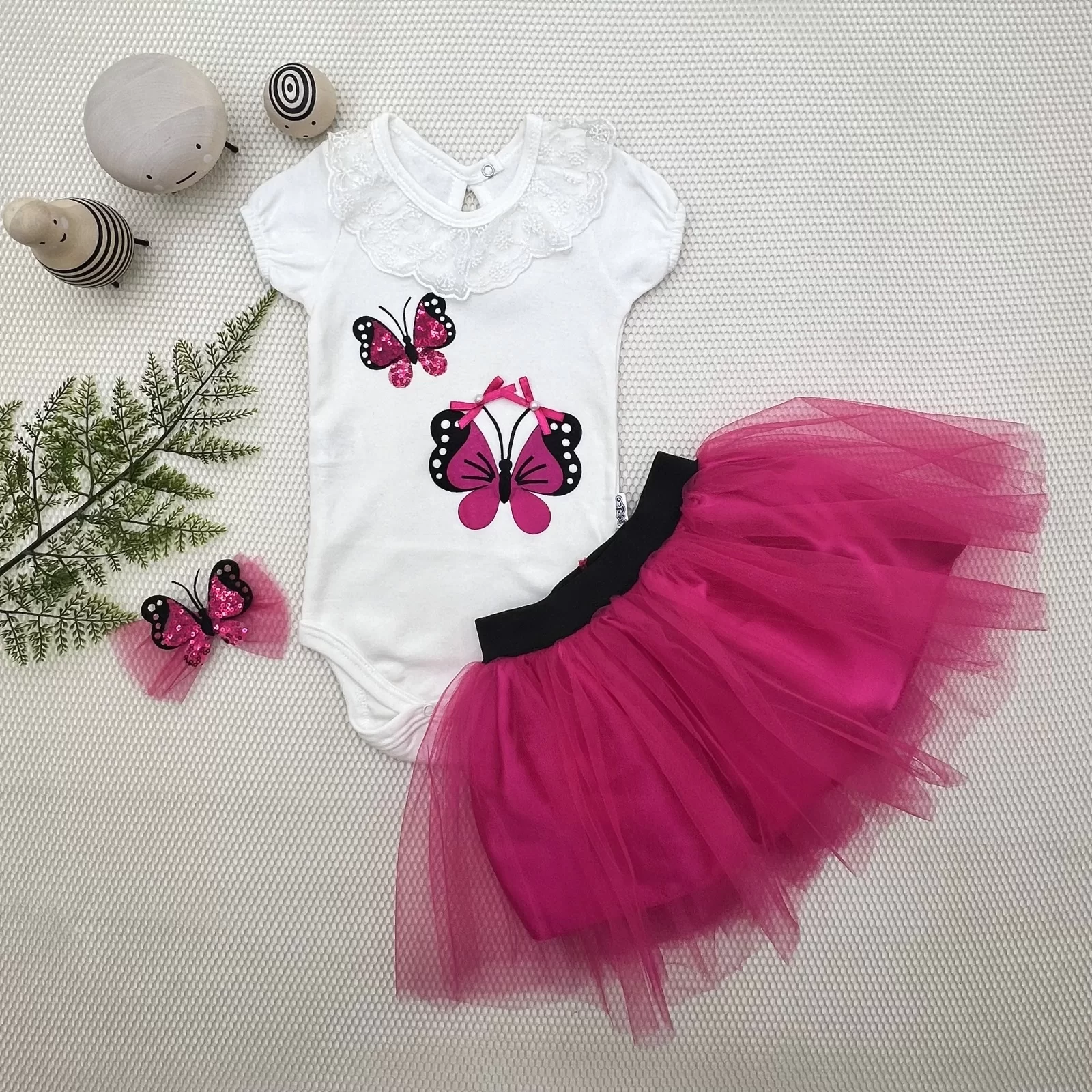 9-12-18 Months Sequined Butterfly Embroidery Crown Short Sleeves Milk Skirt 3some Girl Baby Set Fuşya