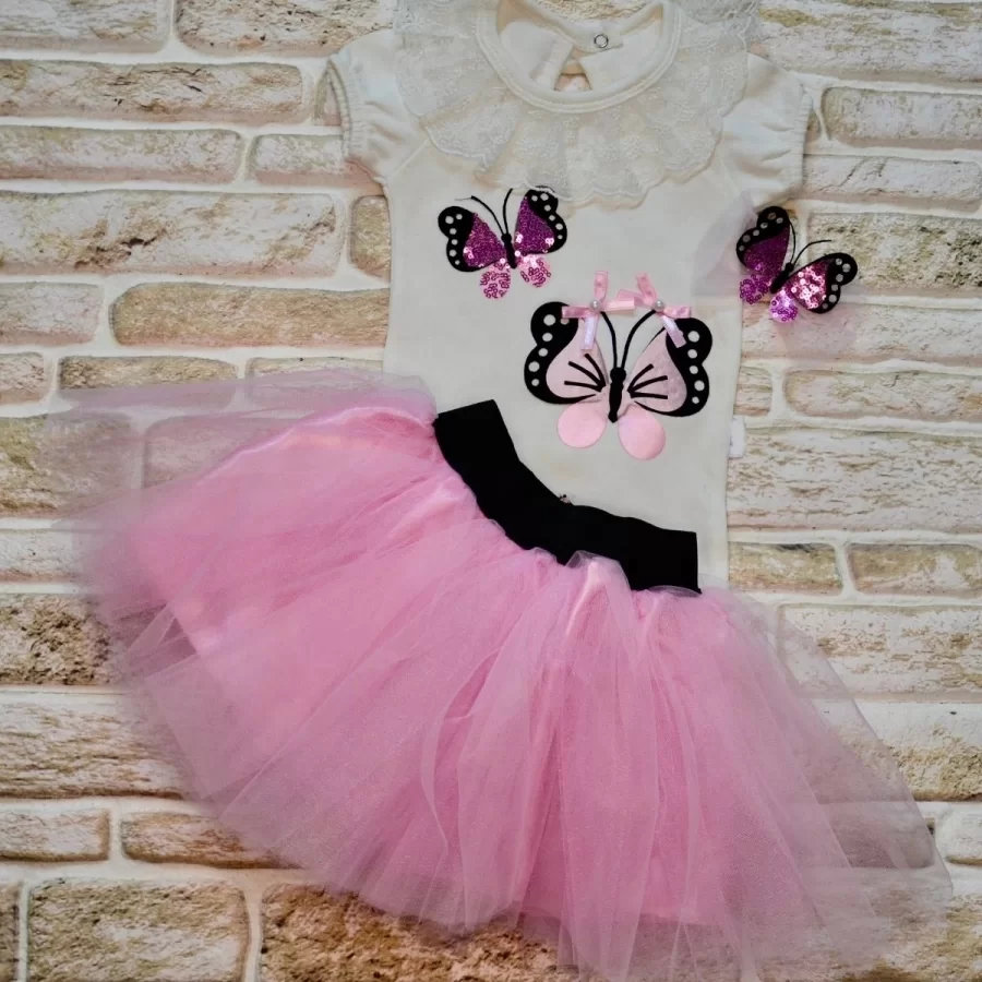 9-12-18 Months Sequined Butterfly Embroidery Crown Short Sleeve Milk Skirt 3some Girl Baby Set Lila