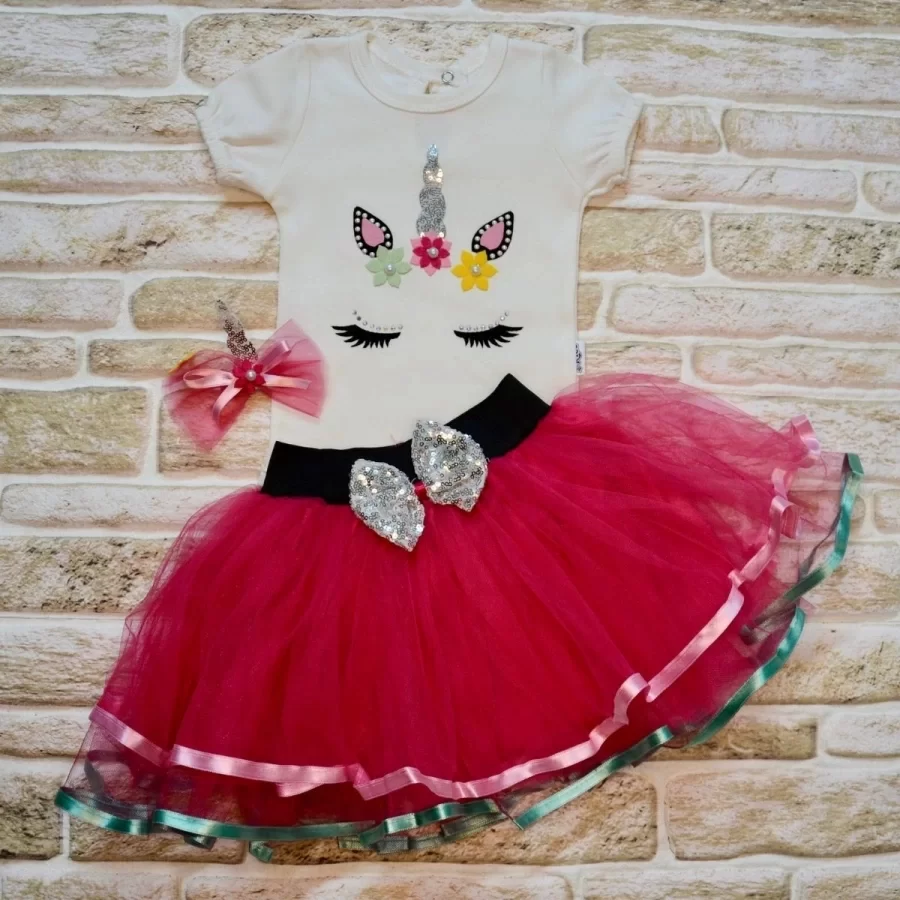 9-12-18 Ay Payetli Pony Nakışlı Tokalı Kısa Kollu Tütü Etek 3lü Kız Bebek Takımı Fuşya
