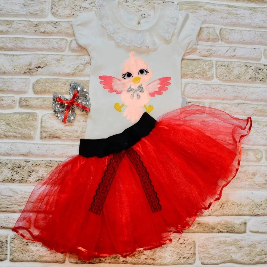 9-12-18 Months Buckle Gifted Bird Patterned TAX Skirt 2 Girl Baby Set Red
