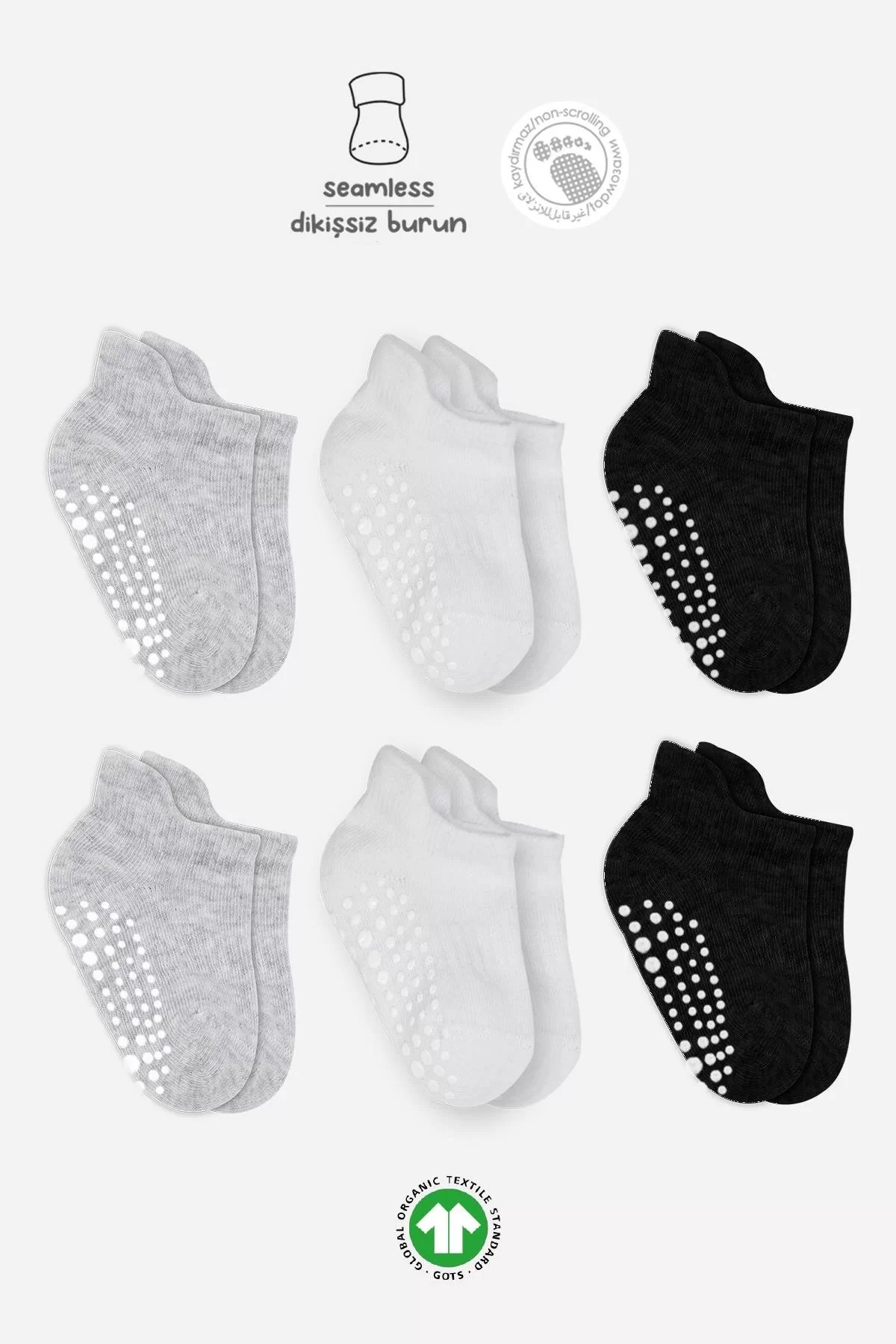 6'Lı Sneakers Kaymaz Penye Çorap Bs20102 Gri Beyaz Siyah