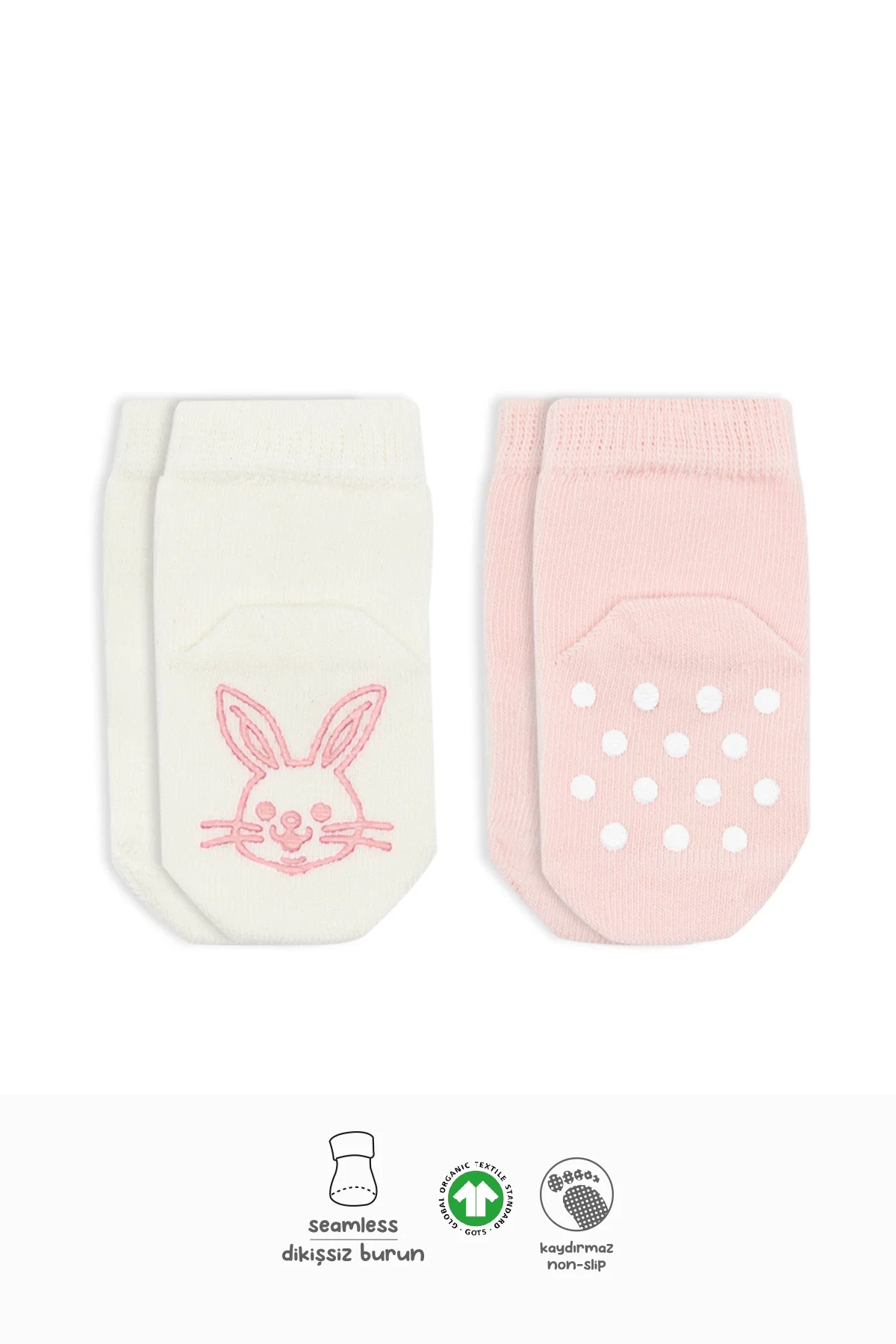 Hayvan Figürlü Kaymaz Soket Çorap 2'Li  Pembe Ekru