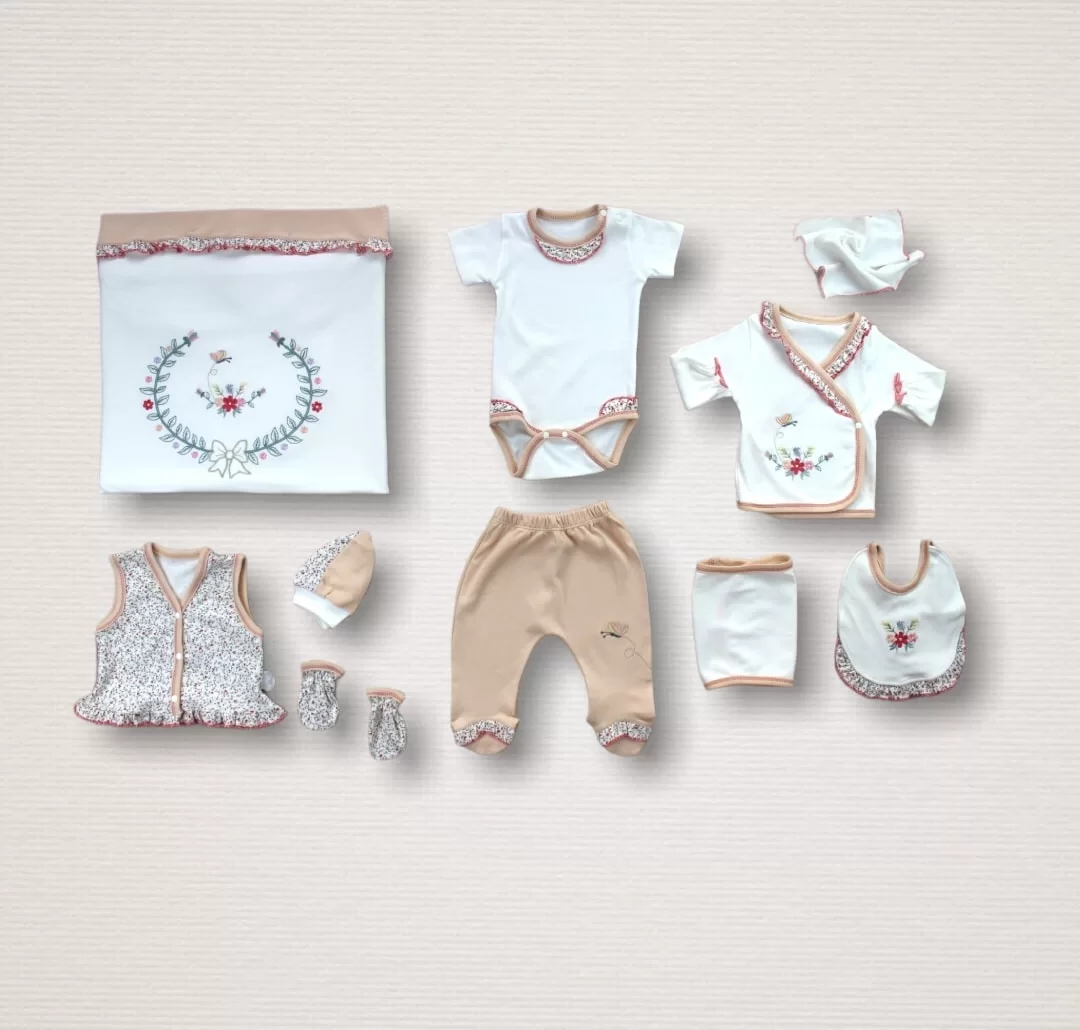 Erguvan Crown Embroidery Girl Baby 10 Zübın Set Hospital Outlet Nar Flower