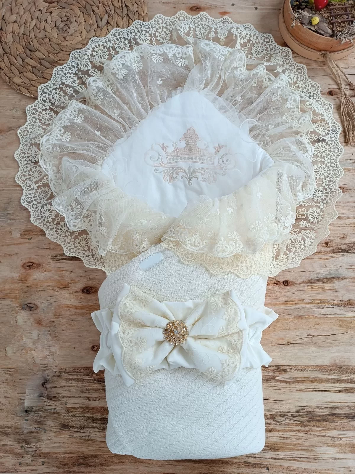 Knit Tericotton Crown Embroidery Bible Ratchet Double Fionk Chamomile Crystal Triluxs Kundak Baby Blanket Ekru