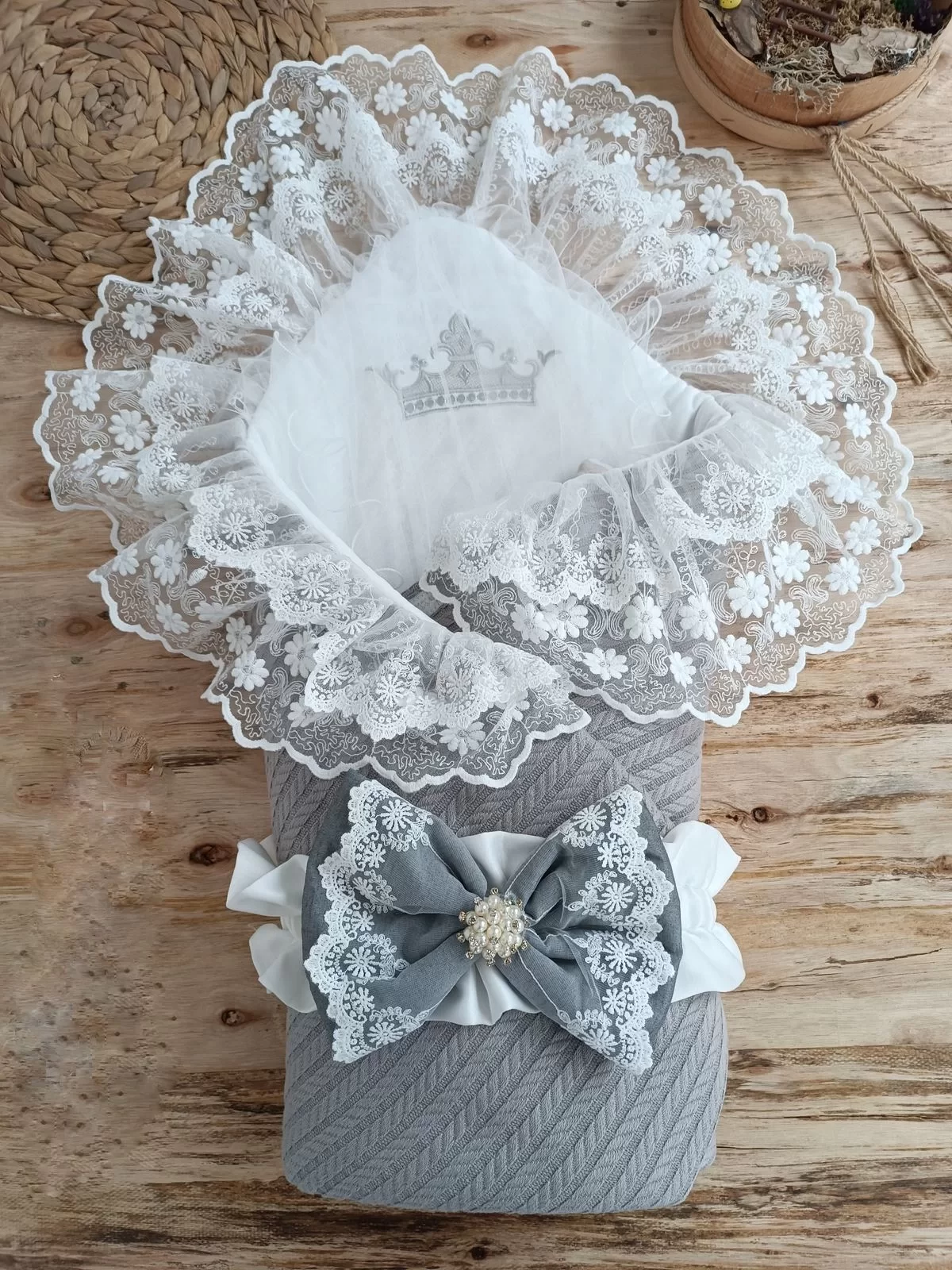 Knit Tericotton Crown Embroidery Bible Ratchet Double Fionk Chamomile Crystal Triluxs Kundak Baby Blanket Grey