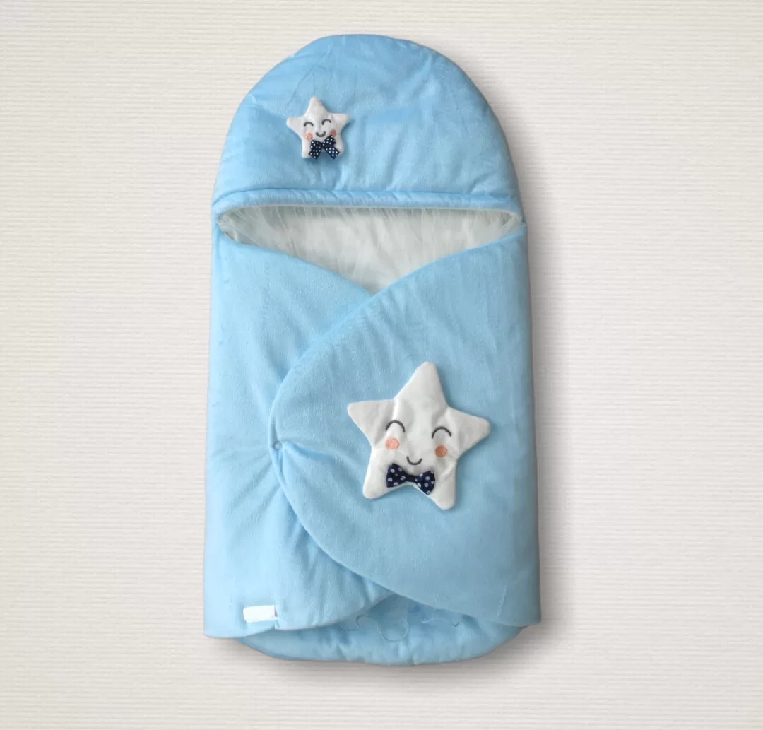 Newborn Double Star Detailed Hat Duvaklı Male Baby Classic Kundak Baby Blanket Blue