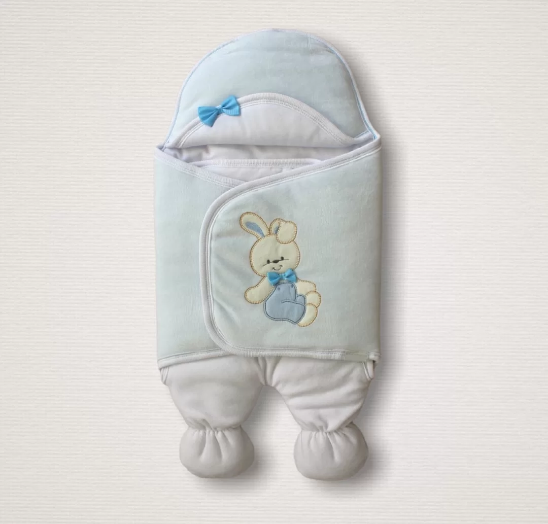 Newborn Velvet Fabric Bears Embroidered Hat Girl Male Baby Leg Kundak Baby Blanket Blue
