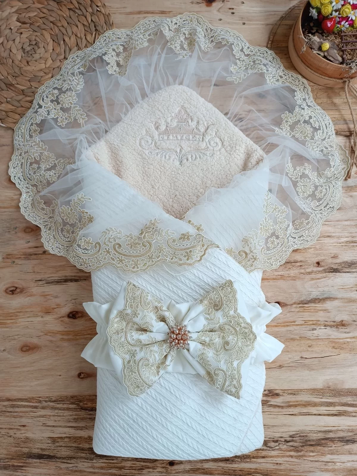 Newborn Lamb Crown Embroidery Ratcheted Fionklu Duvaklı Prism Stone Unisex Kundak Baby Blanket Ekru