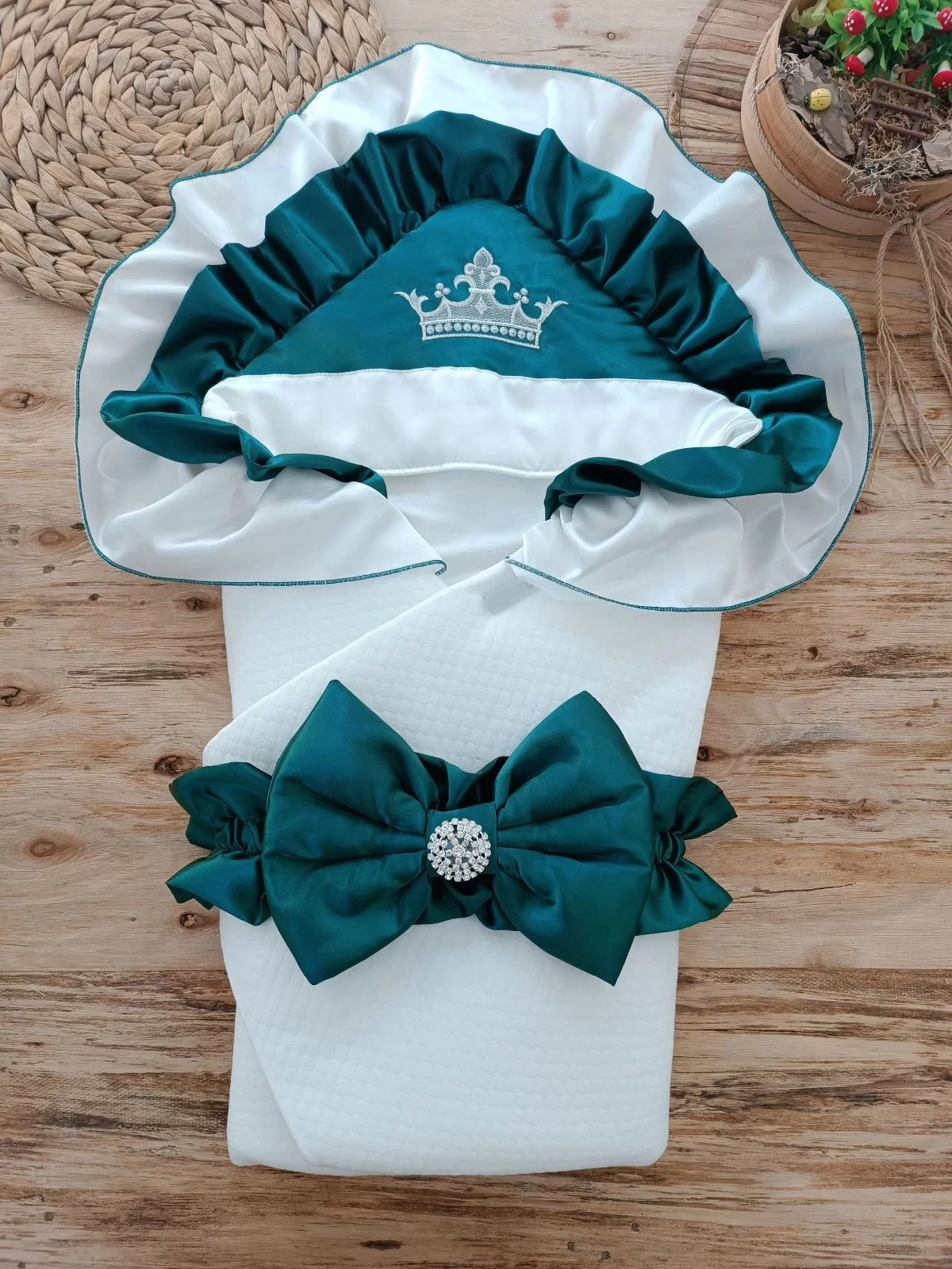Newborn Mehtap Luxury Butterfly Crown Embroidery Baby Blanket Kundak Emerald Green