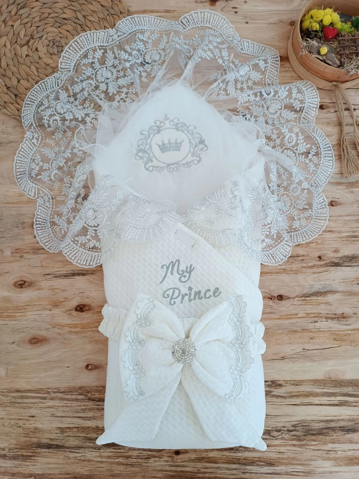 Newborn Cotton Crown My Prince Embroidery Triluxs Kundak Baby Blanket Ekru