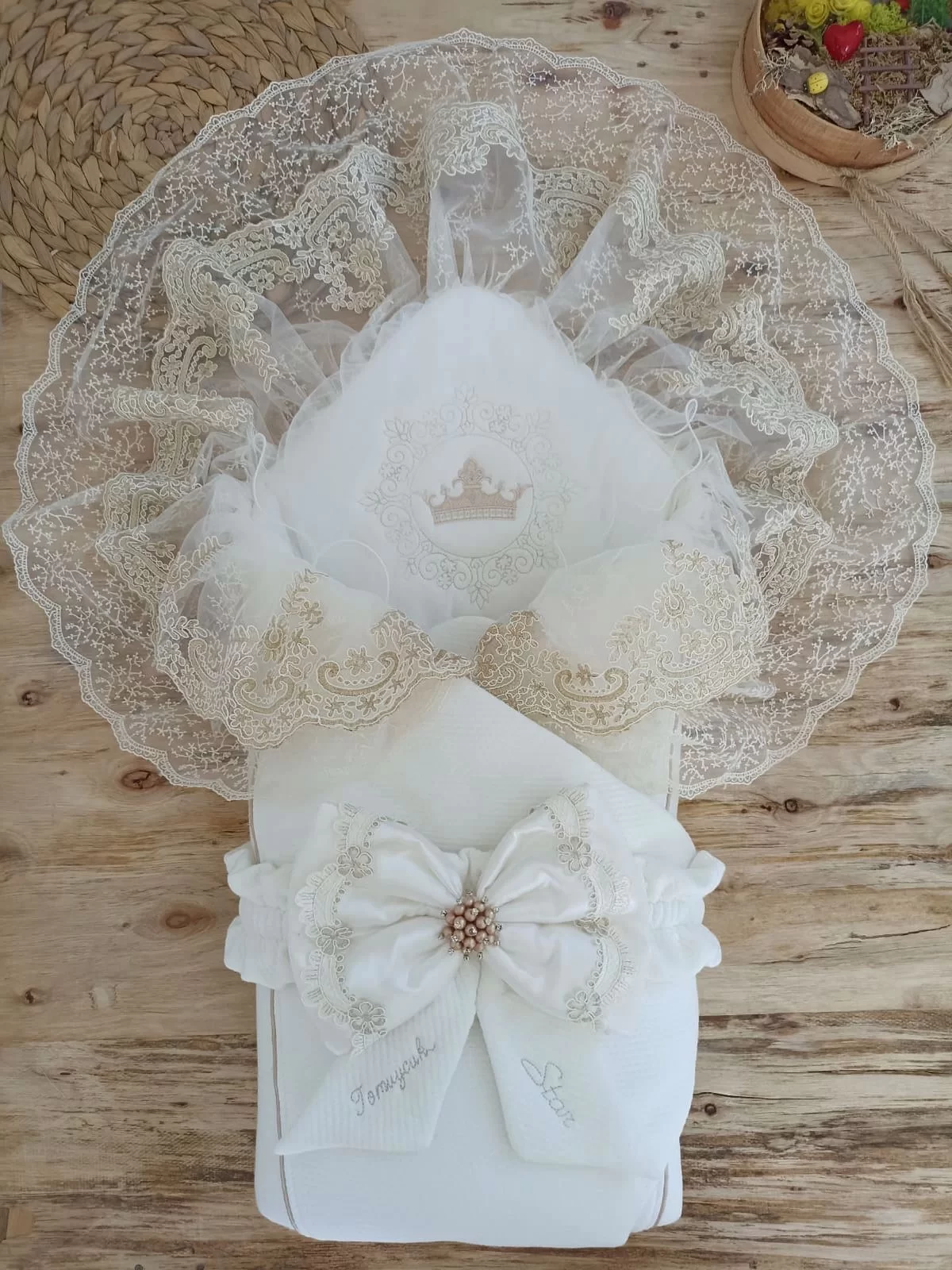 Newborn Sahra Crown Embroidery Plasma Rocky Ratchet Fionklu Duvaklı Triluxs Kundak Baby Blanket Milky Coffee