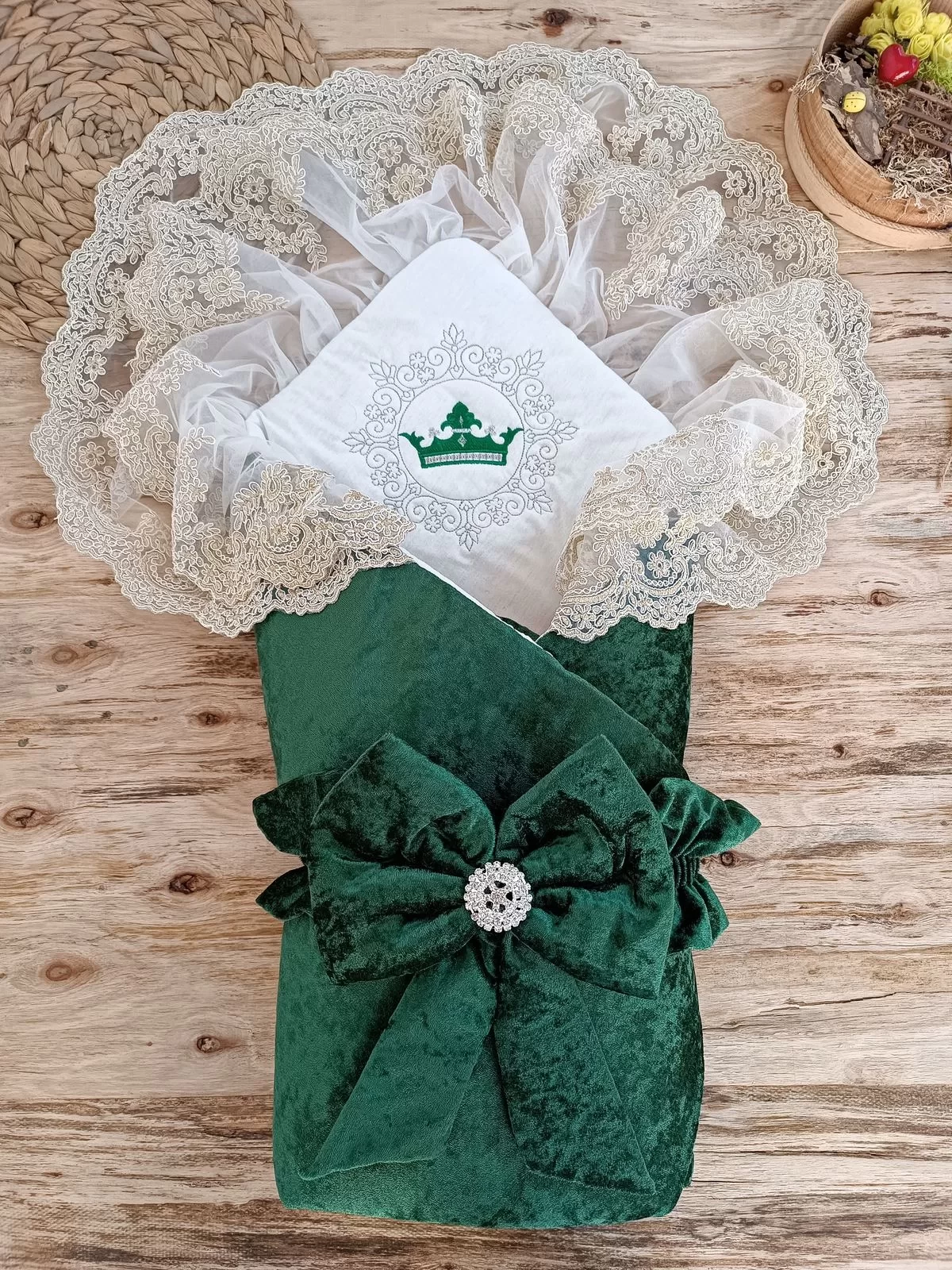 Newborn Saray Velvet Crown Embroidery Pearl Fionklu Double Lace Veil Triluxs Kundak Baby Blanket Green