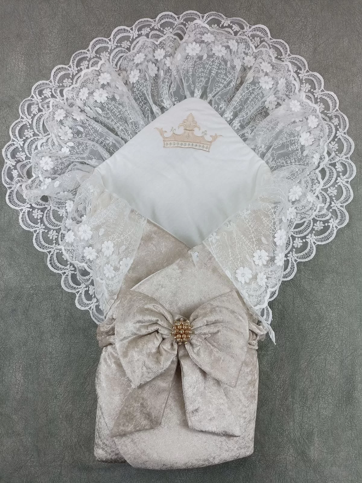Newborn Saray Velvet Crown Embroidery Pearl Fionklu Double Lace Veil Triluxs Kundak Baby Blanket Mink-ekru