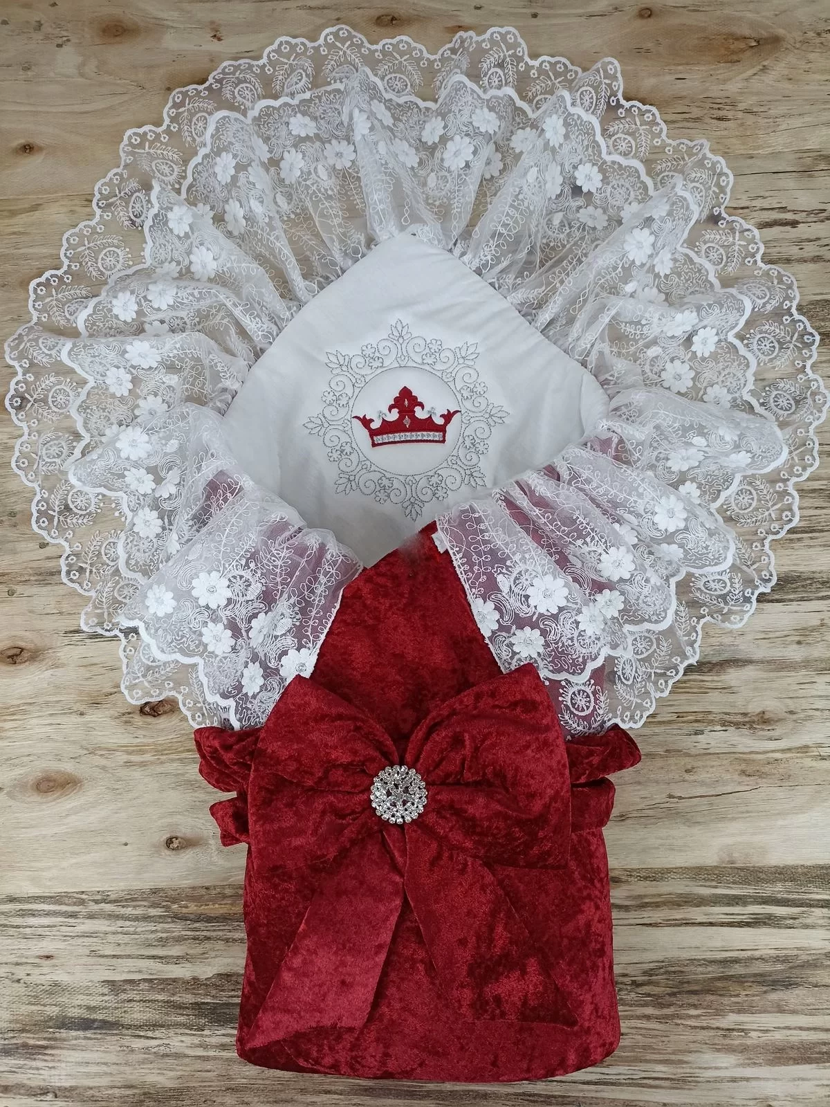 Newborn Saray Velvet Crown Embroidery Pearl Fionklu Double Lace Veil Triluxs Kundak Baby Blanket Bordo
