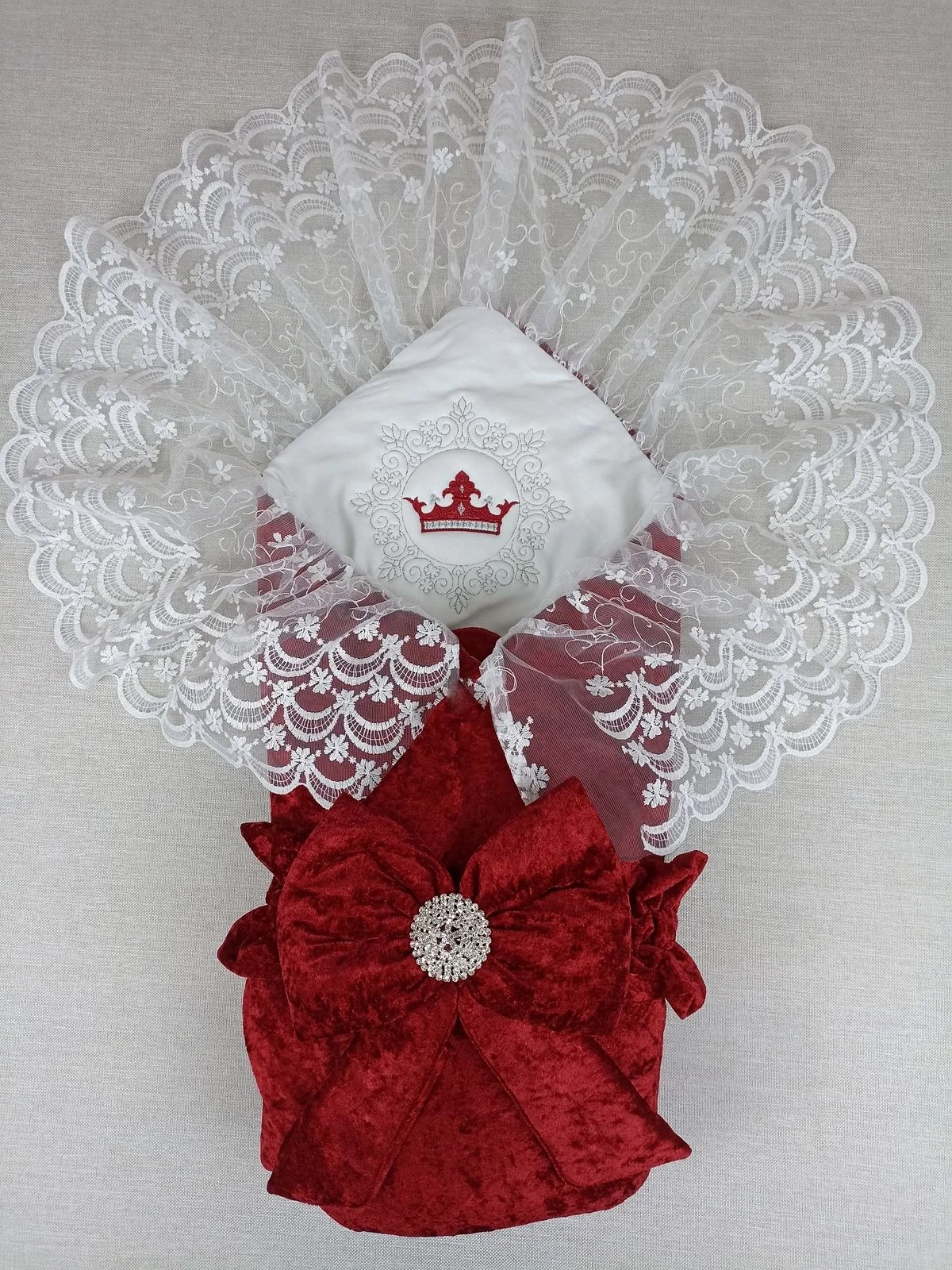 Newborn Saray Velvet Crown Embroidery Pearl Fionklu Lace Duvak Triluxs Kundak Baby Blanket Bordo