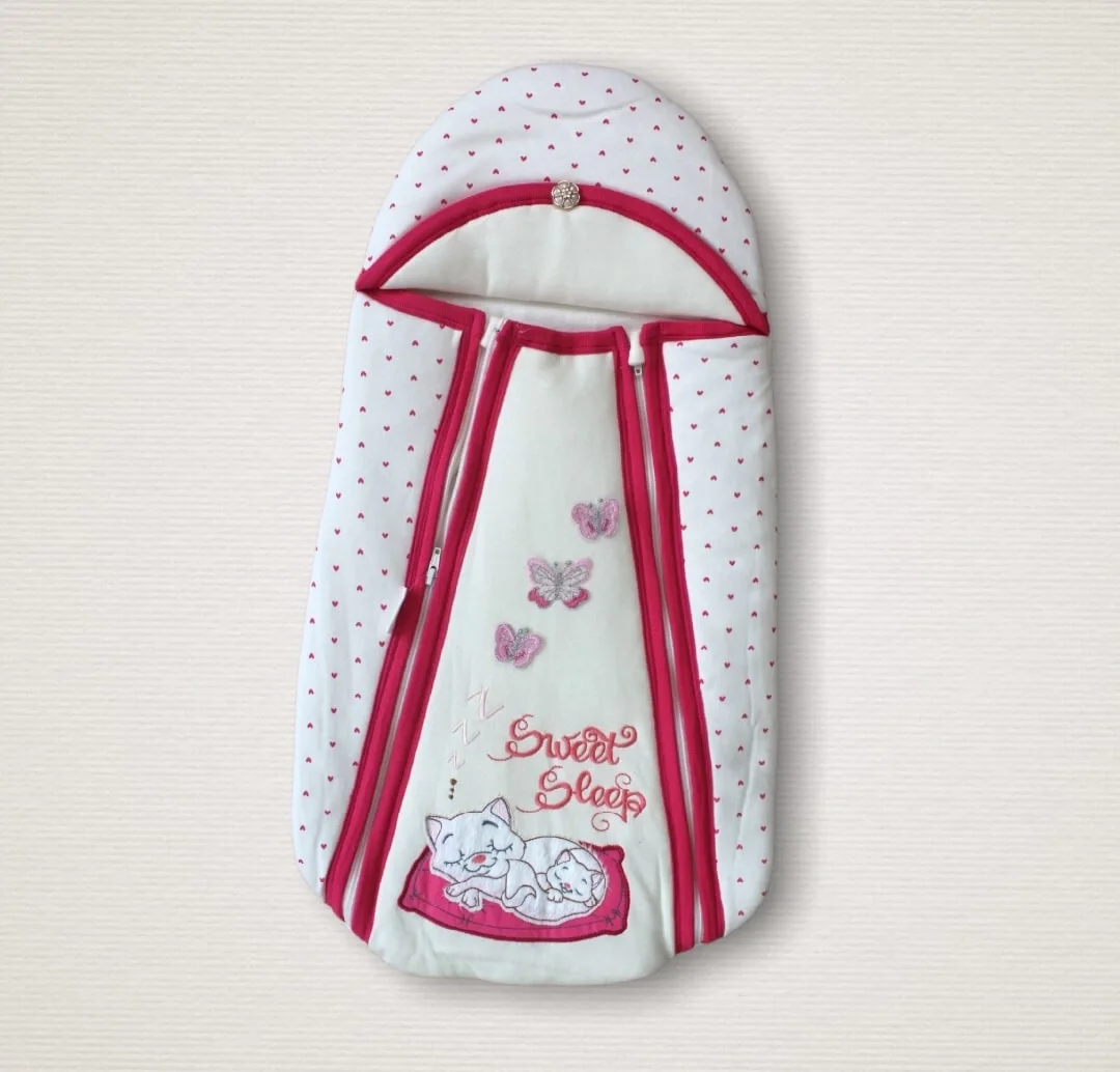 Newborn Cute Sleeper Cat Embroidered Hat Double Zipper Girl Baby Kundak Baby Blanket Pink