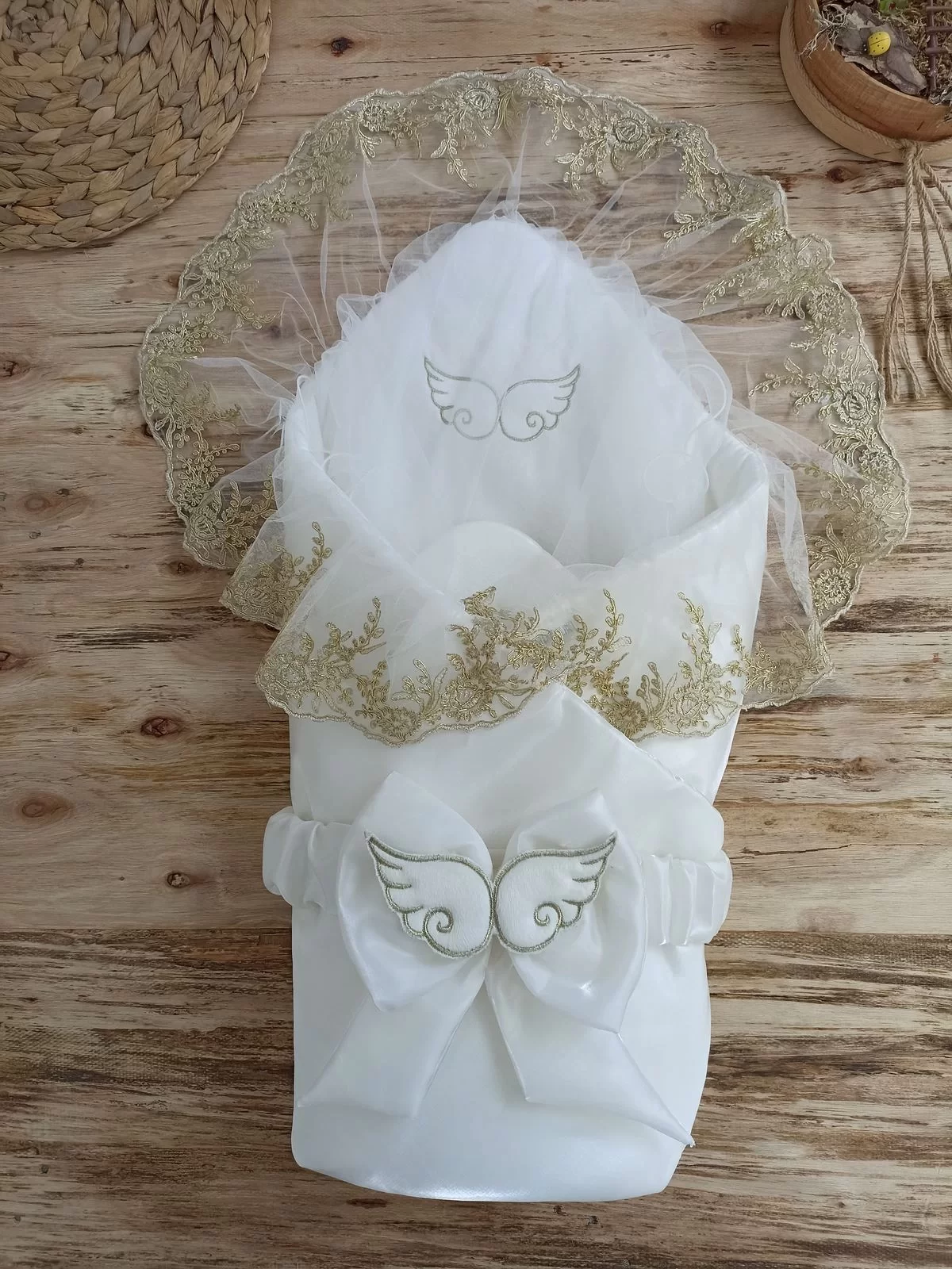 Newborn Shine Kumru Angel Wing Fionklu Gold Lace Duvaklı Sauce Kundak Baby Blanket Ekru