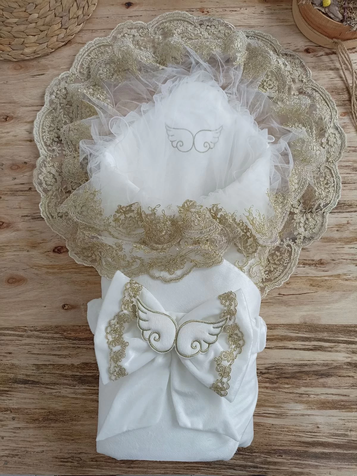 Newborn Soft Kumru Angel Wing Fionklu Gold Double Lace Whisper Triluxs Kundak Baby Blanket Ekru