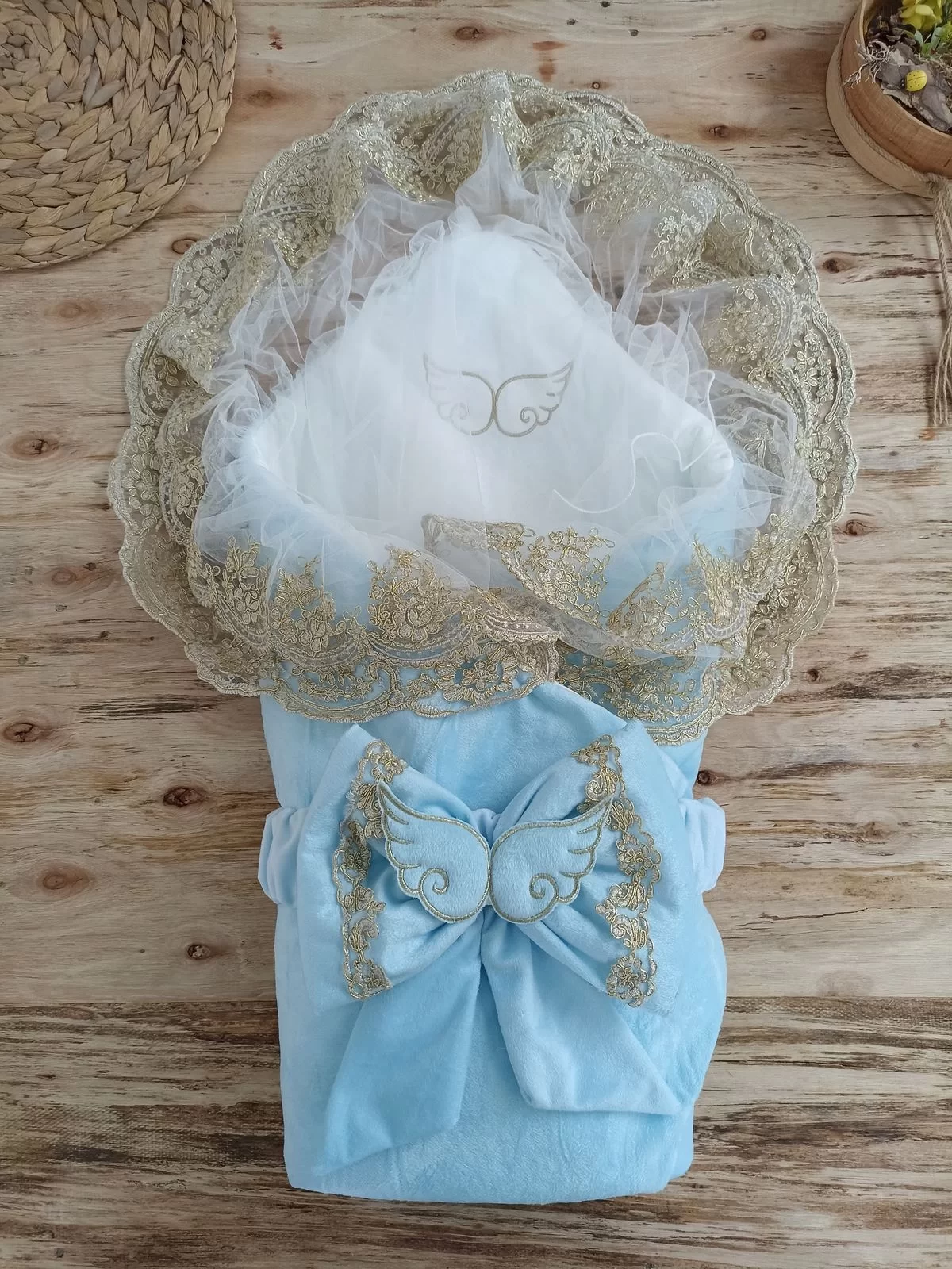 Newborn Soft Kumru Angel Wing Fionklu Gold Double Lace Whisper Triluxs Kundak Baby Blanket Blue