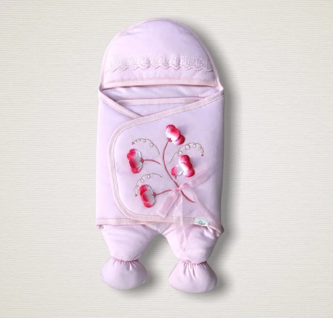 Newborn Artificial Flower Embroidered Hat Luxury Girl Baby Leg Kundak Baby Blanket Pink