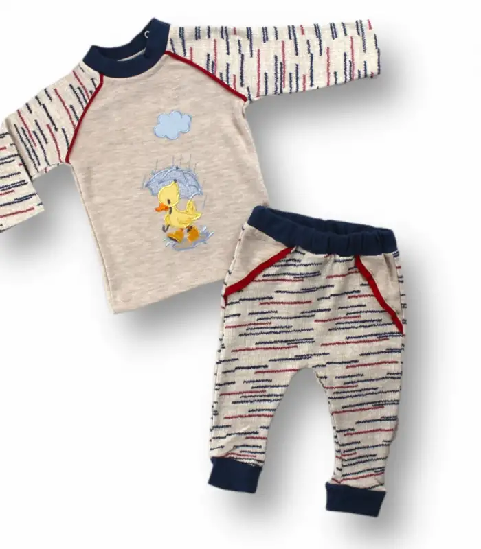 0-3 3-6 6-9 Ay Şemsiyeli Ördek Nakışlı Uzun Kollu Sweatli 2li Kız-erkek Bebek Takımı Mavi