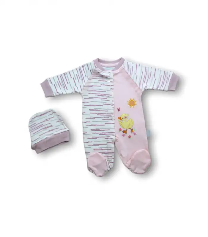 0-3 3-6 6-9 Ay Süslü Ördek Nakışlı Şapkalı Kız Bebek Tulumu Pembe