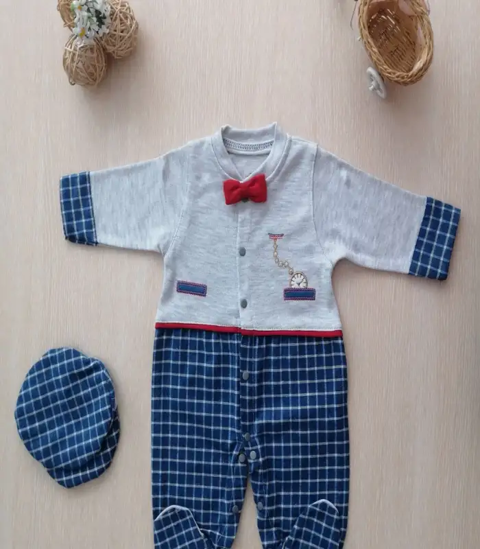 0-3 3-6 Ay Cep Saatli Kasketli Papyonlu Erkek Bebek Tulum Lacivert