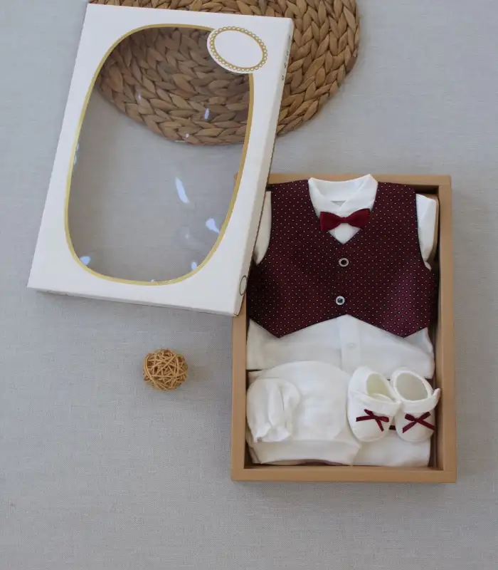 0-6 Ay Yelekli Papyon Smokin Erkek Bebek Hediyelik, Mevlütlük, Sünnetlik 5 Parça Takım Bordo