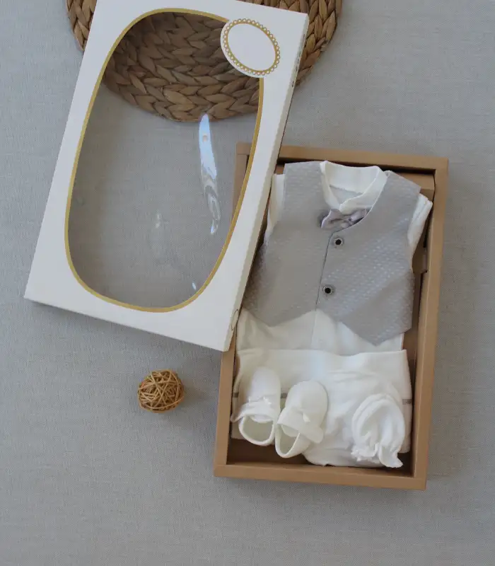 0-6 Ay Yelekli Papyon Smokin Erkek Bebek Hediyelik, Mevlütlük, Sünnetlik 5 Parça Takım Gri