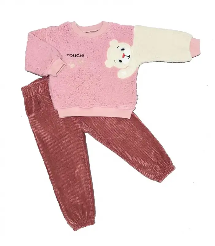 1-2-3 Ayıcık Kollu Kuzu Kumaş Sweat Kadife Pantolonlu Kız-erkek 2li Çocuk Takımı Gül Kurusu