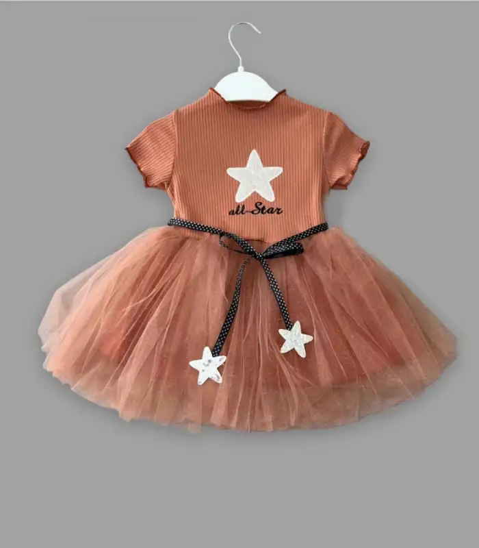 1-2-3 Yaş All Star Payetli Yıldız Nakışlı Astarlı Kız Bebek Elbisesi Kahverengi