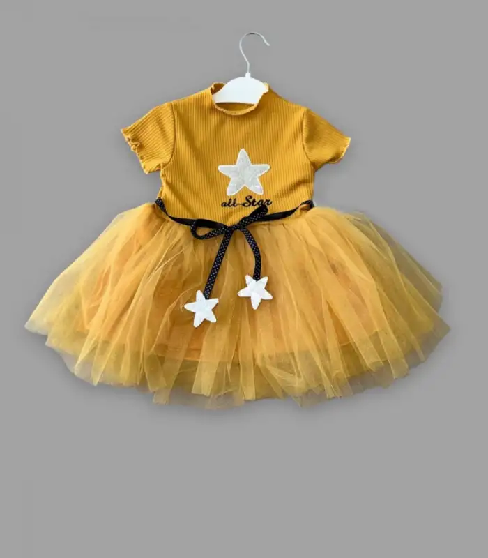 1-2-3 Yaş All Star Payetli Yıldız Nakışlı Astarlı Kız Bebek Elbisesi Hardal