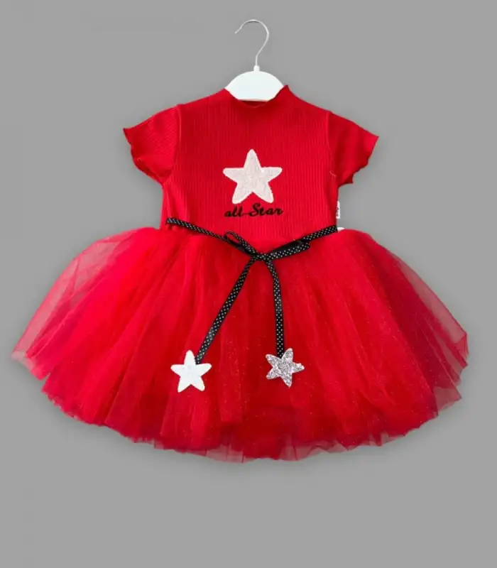 1-2-3 Yaş All Star Payetli Yıldız Nakışlı Astarlı Kız Bebek Elbisesi Kırmızı