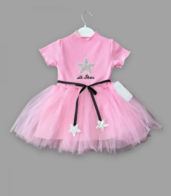 1-2-3 Yaş All Star Payetli Yıldız Nakışlı Astarlı Kız Bebek Elbisesi Pembe