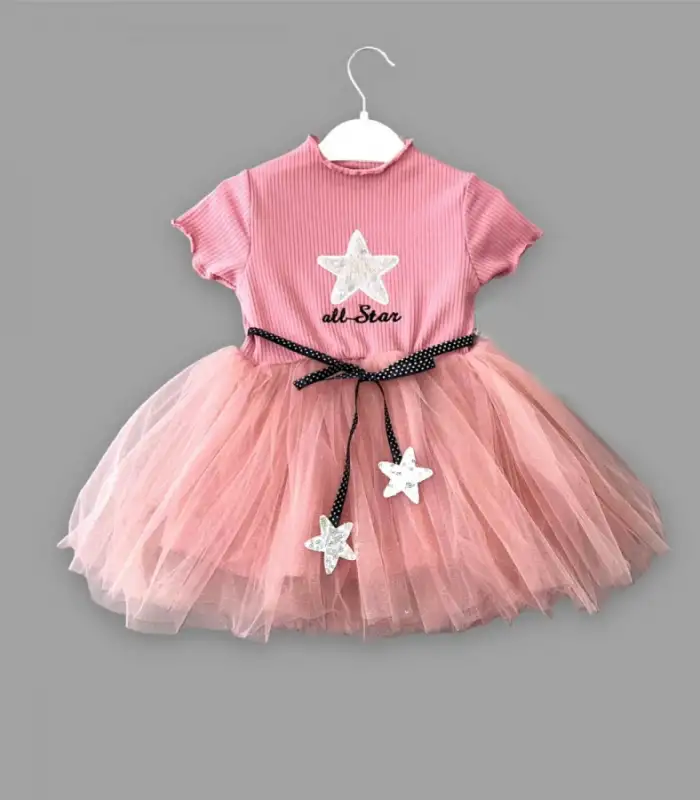 1-2-3 Yaş All Star Payetli Yıldız Nakışlı Astarlı Kız Bebek Elbisesi Gül Kurusu