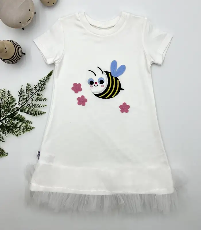 1-2-3 Yaş Arıcık Nakışlı Eteği Fırfırlı Jile Kız Çocuk Elbisesi Beyaz