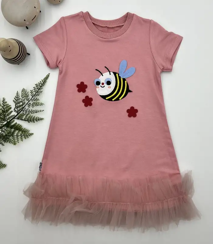 1-2-3 Yaş Arıcık Nakışlı Eteği Fırfırlı Jile Kız Çocuk Elbisesi Gül Kurusu