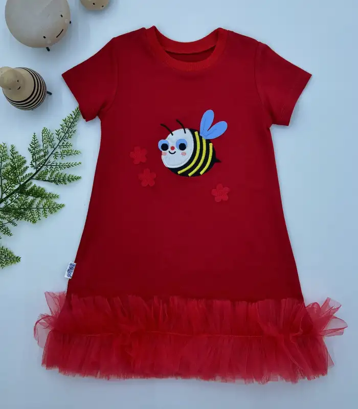 1-2-3 Yaş Arıcık Nakışlı Eteği Fırfırlı Jile Kız Çocuk Elbisesi Kırmızı
