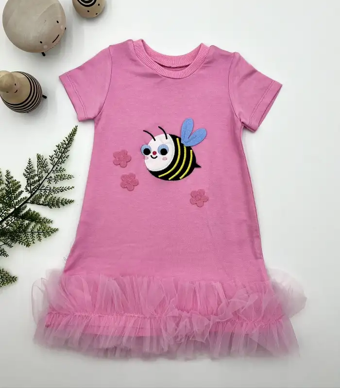 1-2-3 Yaş Arıcık Nakışlı Eteği Fırfırlı Jile Kız Çocuk Elbisesi Pembe