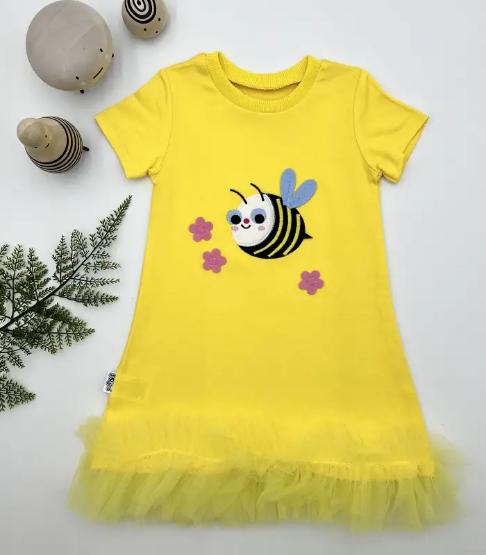 1-2-3 Yaş Arıcık Nakışlı Eteği Fırfırlı Jile Kız Çocuk Elbisesi Sarı
