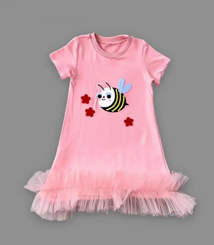 1-2-3 Yaş Arıcık Nakışlı Eteği Fırfırlı Jile Kız Çocuk Elbisesi Gül Kurusu