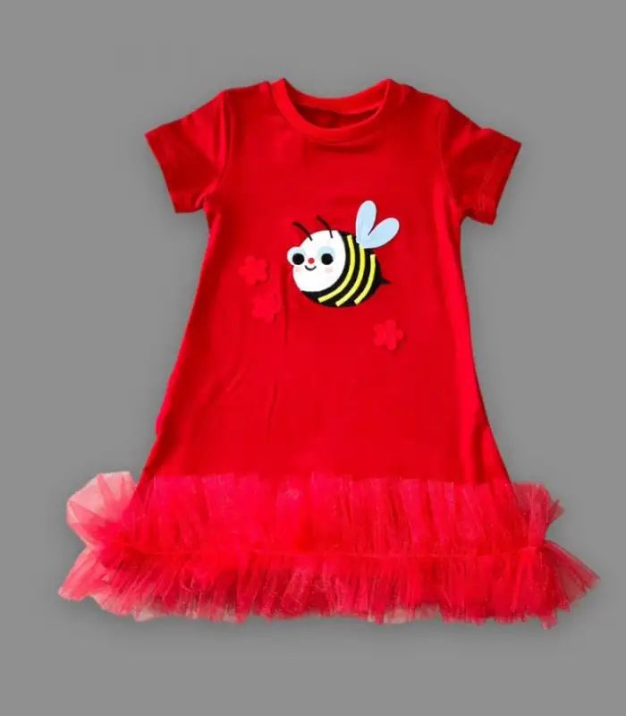 1-2-3 Yaş Arıcık Nakışlı Eteği Fırfırlı Jile Kız Çocuk Elbisesi Kırmızı