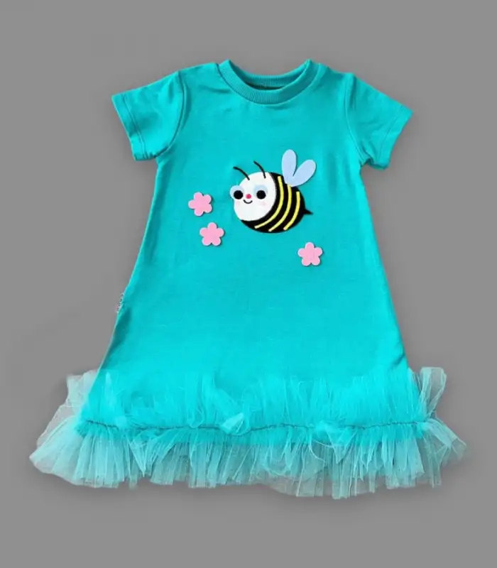 1-2-3 Yaş Arıcık Nakışlı Eteği Fırfırlı Jile Kız Çocuk Elbisesi Turkuaz